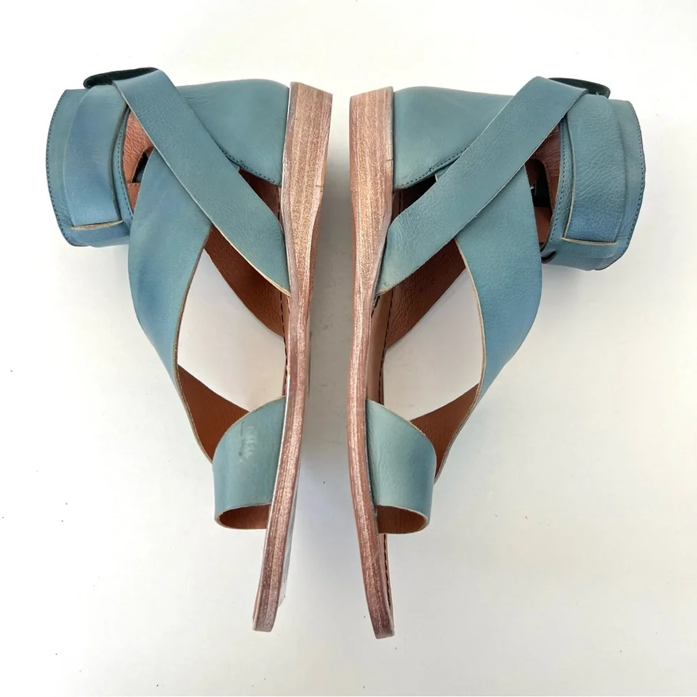 FREE PEOPLE Vale Blue Leather Ankle Buckle Strap Flat Boot Sandals Sz 41 NWOB
